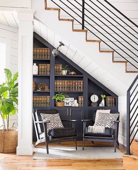 Under Stairs Interior Design, Use Space Under Stairs, Library Under The Stairs, Kitchen Light Cabinets, Stairs Aesthetic, Under Stairs Ideas, Stairs Interior, Space Under Stairs, Under Stairs Storage