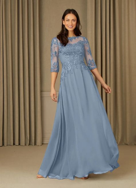 Dusty Blue Azazie Dorella A-Line Lace Chiffon Floor-Length Dress | Azazie Blue Mother Of The Bride, Plus Size Bridal Dresses, Bride Groom Dress, Lace Chiffon, Dress Dusty, Fashion Gallery, Floor Length Dresses, Groom Dress, Stretch Satin