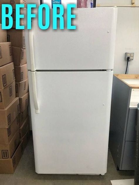 Transform an Old Fridge #diy #upcycle #makeover #refridgerator Update Old Fridge, Update Refrigerator Fridge Makeover, Reface Refrigerator, White Fridge Black Handles, Diy Paint Fridge, Vinyl On Fridge, Painted Appliances Diy, Can You Paint Appliances, White Fridge Decor