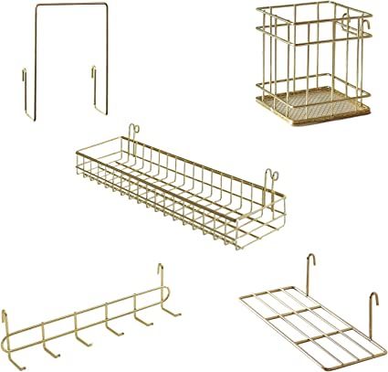 Amazon.com: JOVONE Wall Grid Panel Basket,Display shelf,Pen Holder,Hooks Rack,Bookshelf,Wall Organizer For Home supplies,Set of 5 (Gold) : Home & Kitchen Hanging Basket Display, Metal Wall Grid, Rose Gold Office Decor, Basket Display, Rose Gold Office, Hanging Bookshelves, Wall Grid, Bookshelf Wall, Metal Room