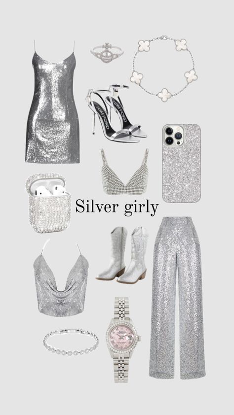 Silver And Black Birthday Outfit, Disco Birthday Outfit Ideas, Disco And Diamonds Party Outfit, 18th Bday Outfits, Silver And White Outfit, Sparkly Party Outfit, Bitmoji Outfits Baddie, 17th Birthday Party Ideas, Winter Wonderland Outfit