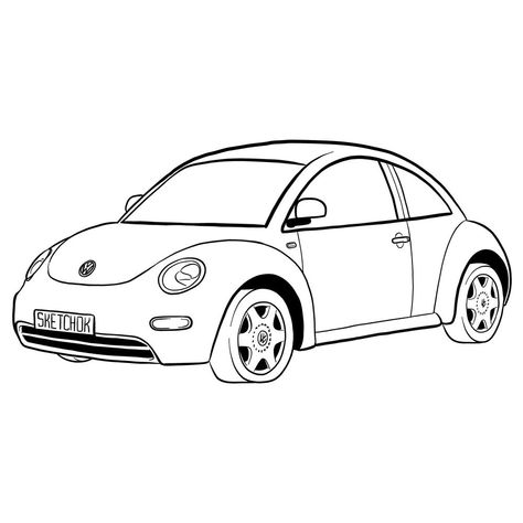 How to draw Volkswagen New Beetle Volkswagon Bug Drawing, Volkswagen Beetle Drawing Easy, Vw Beetle Sketch, Vw Beetle Painting, How To Draw A Volkswagen Beetle, Vw Bus Sketch, Beetle Car Tattoo, Mini Car Drawing, Beetle Car Drawing