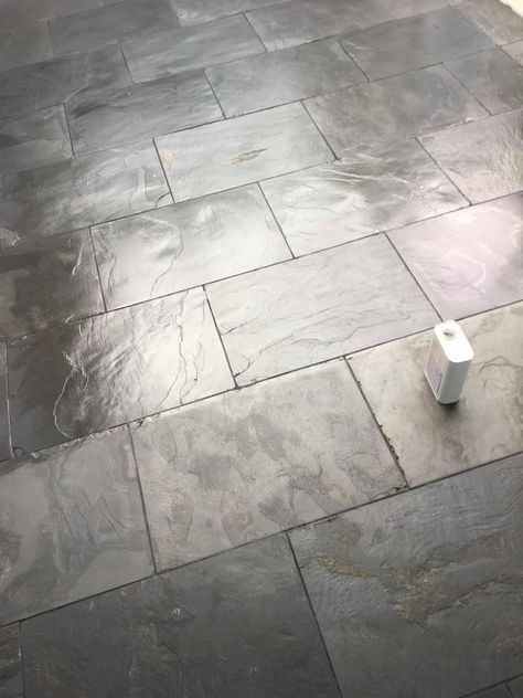 Painting Slate Tiles, Slate Tile Floor Bathroom, Hamptons Tiles, Painting Slate, Wood Pallet Flooring, Black Slate Floor, Before And After Painting, Black Slate Tiles, Slate Floors