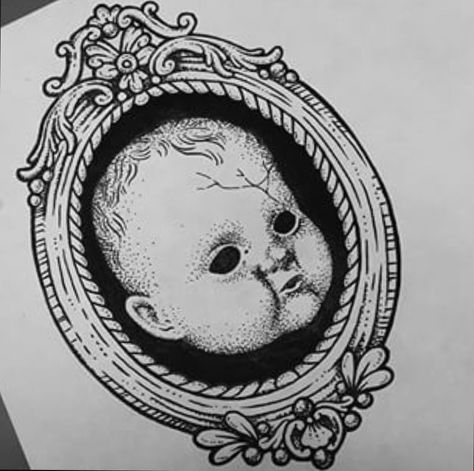 ☠ Haunted Doll Tattoo, Babydoll Head Tattoo, Creepy Girly Tattoos, Creepy Doll Tattoo Ideas, Vintage Doll Tattoo, Victorian Doll Drawing, Creepy Eyeball Tattoo, Cameo Tattoo Victorian, Doll Parts Tattoo