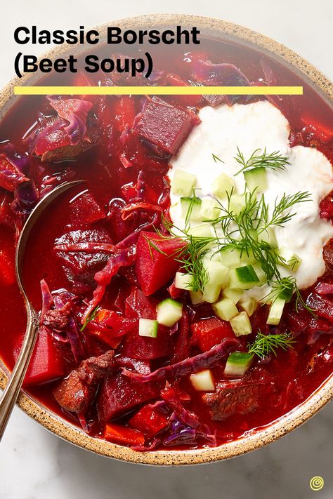 Classic Borscht Recipe, Vegan Meatloaf Recipe, Beet Borscht, Borscht Recipe, Borscht Soup, Creamed Cucumbers, Beet Soup, European Recipes, Beet Recipes