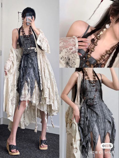 Avant Apocalypse Outfit, Punk Aesthetic Outfit, Genshin Clothes, Avant Apocalypse, Douyin Outfits, Apocalypse Outfit, Apocalypse Fashion, Lace Dress Outfit, Dystopian Fashion