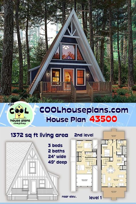 Brand new and amazing, A-Frame Style house plan with a narrow floor plan. Start with a beautiful window wall rising up from a deep entry porch. Enter into the great room/Dining/Kitchen. Bedroom 1, laundry room and utility room finish the first floor. Upstairs bath 2, bed 2 and a sleeping loft with a view. Out back a 20x8 deck. Several finished photos at the link provided. #aframe #mountainhouseplan #Contemporary #vacationhouseplan Cheap Home To Build Small Cabins, Ski Lodge Plans, Small Rustic Cabin Plans With Loft, Simple 3 Bedroom Floor Plans, 16 X 32 Cabin Floor Plan With Loft, Low Cost Cabin Build, Small Loft Plans, Simple Tiny House Floor Plans, 3 Bedroom Loft Apartment