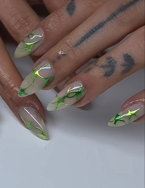 Metallic Nail Designs, Nail Design 2023, Rave Nails, Almond Acrylic Nails Designs, Metallic Nails Design, Neon Green Nails, Metallic Nail, Pretty Nail Colors, Chrome Nails Designs