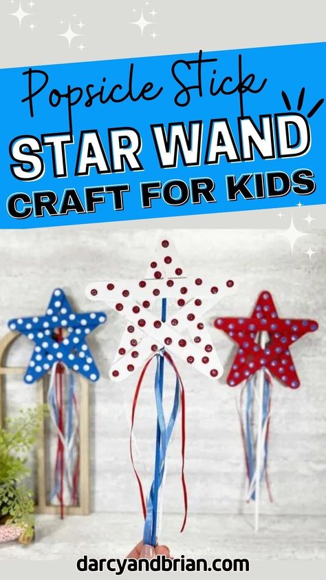 Wave your patriotism high with our Popsicle Stick Star Wand Craft. This activity brings the magic of the Fourth of July into an easy-to-make project that kids will love. Crafting these star wands engages the creativity of young minds and adds a touch of sparkle to Independence Day festivities. Each wand becomes a symbol of pride and joy, perfect for parade waving, backyard dances, or as a festive decoration in your home. Prek 4th Of July Crafts, Usa Preschool Crafts, Summer Preschool Art Activities, July 4 Crafts, Popsicle Stick Star, Easy Summer Crafts For Kids, Fourth Of July Crafts, Happily Engaged, Patriotic Activities