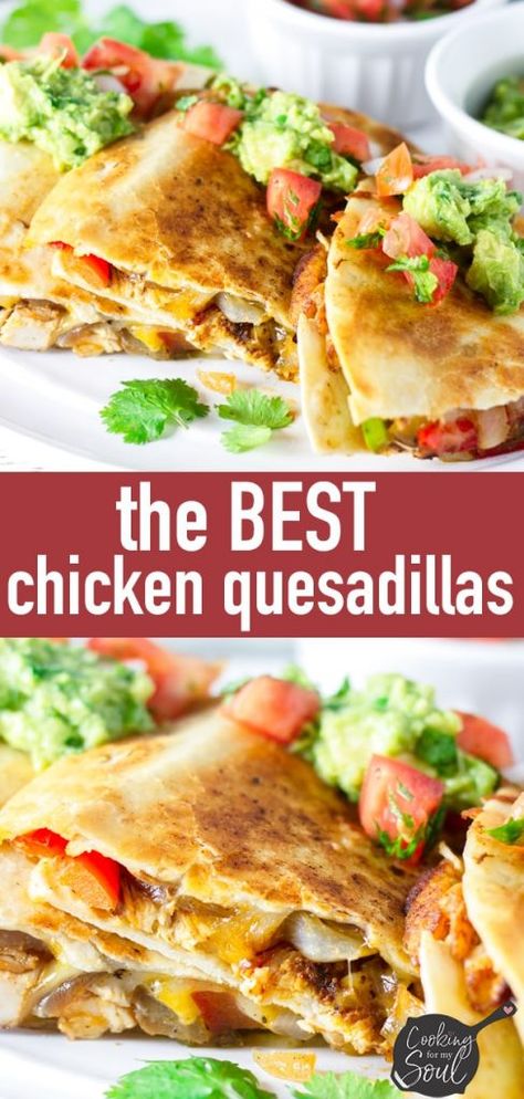 Mexican Chicken Quesadillas! These are the best chicken quesadillas I've ever had. Super flavorful seasoned chicken with fajita vegetables and cheese in between flour tortillas. The perfect meal for family #quesadillas #chickenquesadillas #mexicanquesadillas #quesadillasrecipe #authenticquesadillas #mexicanfood #cookingformysoul | cookingformysoul.com The Best Chicken Quesadillas Recipe, Chicken For Quesadillas How To Season, Chicken Quesadillas Recipes, Food Ideas Mexican, Best Chicken Quesadillas, Quesadillas Chicken, Chicken Quesadillas Recipe, Baby Shower Food Ideas, Shower Food Ideas