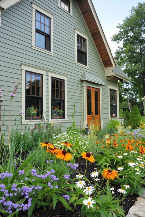 Coloured Houses Exterior, Sage Exterior House, Blue Green Exterior House Colors, Sage Green House Exterior, Green Home Exterior, Green House Paint, Green House Color, Sage Green House, Craftsman Bungalow Exterior