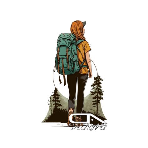 Backpack Drawing Aesthetic, Trekking Painting, Hike Illustration, Couple Cartoon Pictures, Hiking Illustration, Backpack Illustration, Rain Cartoon, Hiking Backpack Women, Backpack Drawing