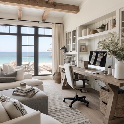 Beach House Home Office, Beach Office Design, California Coastal Interior Design Bedroom, Home Office Beach Style, Beach House Library, Nautical Home Office, Bloxburg Coastal Office Ideas, Serene Home Office, Costal Office Room