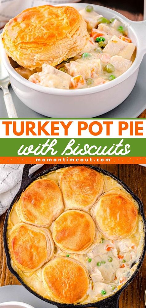 Here's a great dinner food idea to try! This Turkey Pot Pie with Biscuits is the perfect way to use leftover turkey! This pot pie is creamy, hearty, and loaded with flavor. It makes an easy winter recipe or a delicious comfort food idea! Turkey And Dumplings Leftover, Turkey Pot Pie Recipe With Biscuits, Pot Pie Recipe With Biscuits, Turkey Pot Pie With Biscuits, Easy Turkey Pot Pie Recipe, Recipe With Biscuits, Turkey Pot Pie Easy, Pot Pie With Biscuits, Turkey And Dumplings