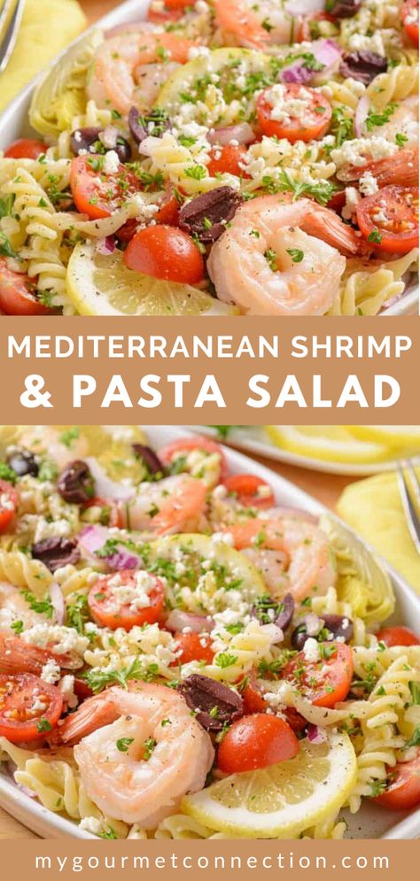 Shrimp Artichoke Salad, Shrimp And Artichoke Salad, Grilled Shrimp Pasta Salad, Pasta Salad Seafood, Shrimp And Feta Pasta Salad, Healthy Shrimp Pasta Salad Recipes, Greek Pasta Salad With Shrimp, Sea Food Pasta Salad, Shrimp Feta Salad