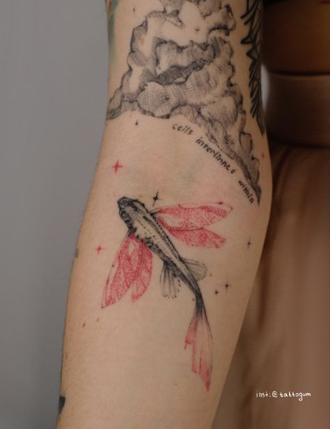 Flying fish tattoo Flying Fish Tattoo, Red And Black Tattoo, Hip Tattoos Women, Dragonfly Wings, Red Ink Tattoos, Fish Tattoo, Flying Fish, Red Tattoos, Black Tattoo