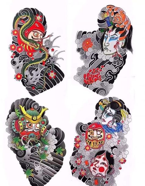 Bushido Tattoo, Daruma Doll Tattoo, Japanese Demon Tattoo, Samurai Tattoo Sleeve, Koi Tattoo Sleeve, Arm Tattoos Drawing, Skull Art Tattoo, Japanese Flower Tattoo, Black Tattoo Cover Up