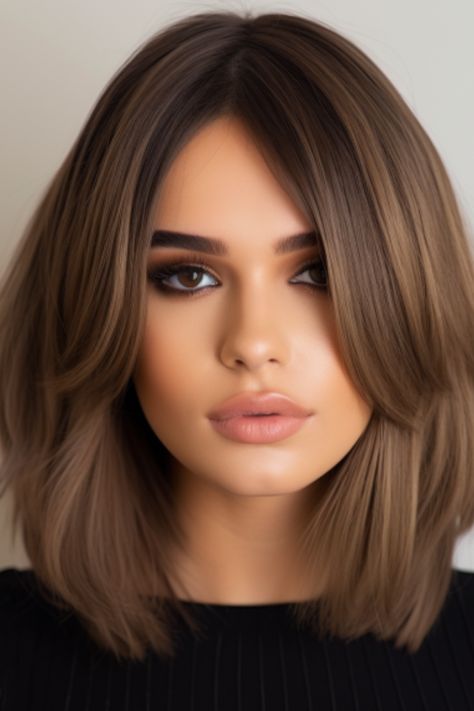 Long Bob With Bangs Side Part, Lob Haircut Thick Hair Curtain Bangs, Long Bob With Round Face, Brunette Long Bob With Curtain Bangs, Lob For Thick Hair Round Faces, Best Bobs For Round Faces, Long Lob With Curtain Bangs, Bob With Curtain Bangs Side Part, Long Bob For Round Face Double Chin