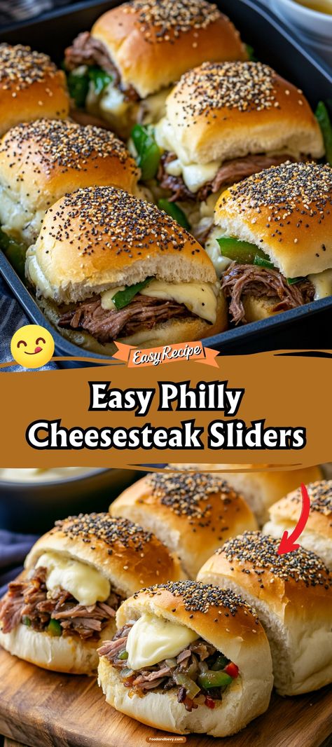 Host the ultimate gathering with Easy Philly Cheesesteak Sliders, where mini sandwiches meet the big flavors of thinly sliced steak, peppers, onions, and melted cheese. These sliders are not only fun to eat but also pack a punch of flavor, making them perfect for parties or game day snacking. #CheesesteakSliders #PartyFood #GameDayGrub Easy Philly Cheese Steak Sliders, Ham Swiss Sliders, Philly Cheese Steak Crock Pot, Steak And Cheese Sub, Steak Sliders, Philly Cheesesteak Sliders, Philly Cheesesteak Stuffed Peppers, Steak Peppers, Slider Recipe