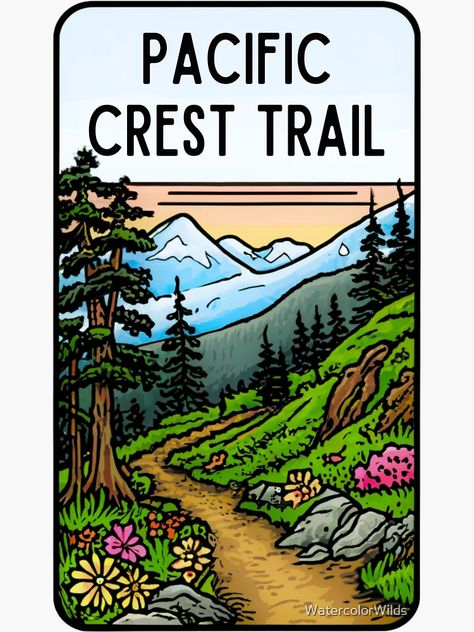 "Pacific Crest Trail in Colorful Line Illustration" Sticker for Sale by WatercolorWilds | Redbubble Colorful Line Art, Line Art Watercolor, Pacific Crest Trail, Outdoor Enthusiast, Line Illustration, Art Watercolor, Nature Art, State Parks, Line Art