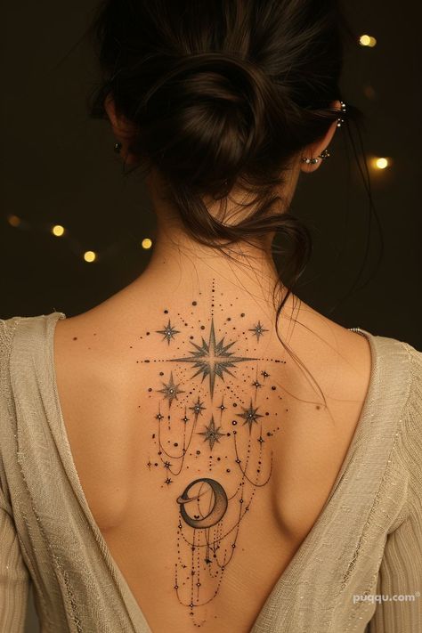 Celestial Tattoo Ideas: Unlock the Cosmic Artistry in Your Ink - Puqqu Witch Moon Tattoo, Celestial Spine Tattoo, Chest Neck Tattoo, Boho Tattoo, Cosmic Tattoo, Celestial Tattoo, Girl Back Tattoos, Moon Tattoos, Body Decor