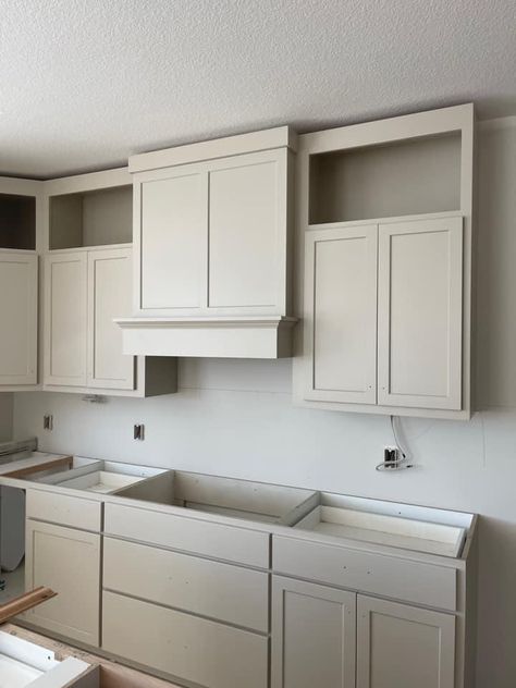 Sherwin Williams Shiitake, Greige Kitchen Cabinets, Tan Kitchen, Greige Kitchen, Taupe Kitchen, Beige Cabinets, Off White Kitchens, White Kitchen Island, Cottage Kitchens