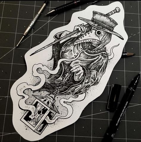 Witch Doctor Tattoo Design, Spooky Sleeve Tattoo Men, Plague Doctor Tattoo Sleeve, Plague Doctor Tattoo Realism, Plauge Doctor Tattoo Neotraditional, Plague Doctor Drawings, Plague Doctor Tattoos, Pleg Doctor Tattoos, Plague Doctor Tattoo Creepy