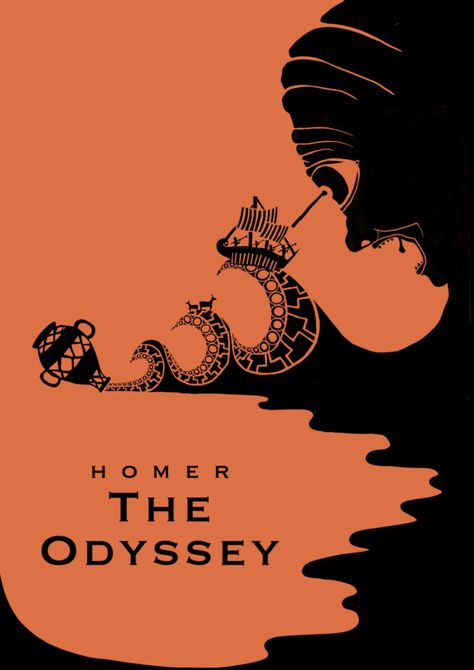 The Odyssey by Homer, black and orange greek mythology inspired book poster depicting the escape from the cyclops. Greek Mythology Wall Prints, Homer Greek Mythology, Ancient Greek Mythology Art, Greek Mythology Prints, Greek Gods Poster, Mythology Graphic Design, Greek Mythology Graphic Design, The Odyssey Art, The Odyssey Aesthetic