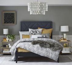 Westelm Navy Bedrooms, Yellow Bedroom, Bedroom Color Schemes, Trendy Bedroom, Gray Bedroom, Bedroom Paint, Master Bedrooms Decor, Blue Bedroom, Traditional Interior