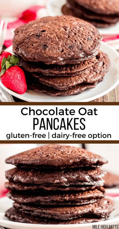 Chocolate Pancake Recipe, Chocolate Pancake, Dairy Free Chocolate Chips, Dairy Free Breakfasts, Chocolate Pancakes, Chocolate Oats, Oat Pancakes, Oatmeal Pancakes, Pancakes Healthy