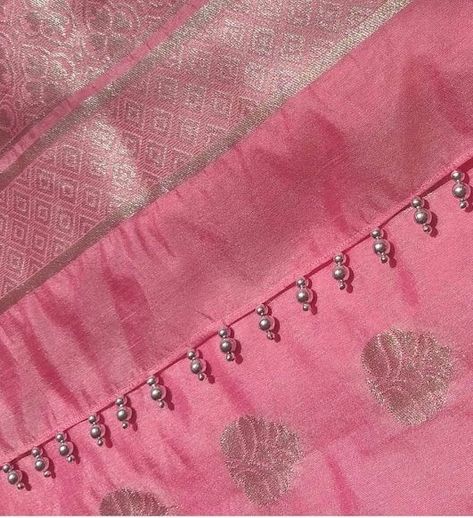 Pallu Designs, Saree Kuchulu, Velvet Blouse Design, Baby Pink Saree, Tassels Fashion Clothing, Saree Kuchu New Designs, Pink Blouse Designs, Tassels Designs, Saree Pallu