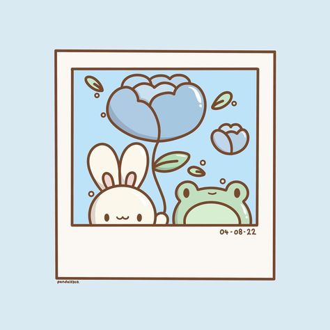 Illustration of a Polaroid containing a bunny holding a flower and a frog. Polaroid Pictures Craft, Polaroid Cute Drawing, Cute Card Drawing Ideas, Cute Kawaii Paintings, Cute Polaroid Drawings, Polaroid Pictures Drawing, Polaroid Picture Drawing, Cute Polaroid Paintings, Polaroid Doodle