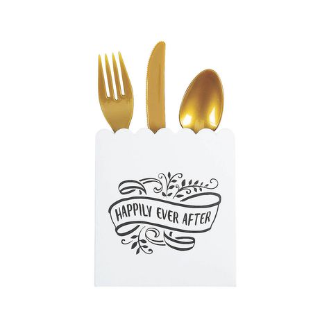 Happily Ever After Scalloped Cutlery Holders - 50 Ct. - OrientalTrading.com Utensil Holder For Wedding Reception, Cricut Wedding Projects, Wedding Reception Table Settings, Reception Table Settings, Plastic Champagne Flutes, Cricut Wedding, Decor Event, Wedding Projects, Cutlery Holder