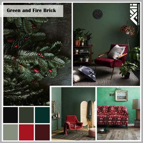 Green and dark red interior design ideas Green And Red Home Decor, Dark Green And Burgundy Living Room, Dark Green And Red Bedroom, Red And Green Bedroom Ideas, Red And Green Interior Design, Dark Green And Red Aesthetic, Green And Red Room, Green And Red Living Room, Red And Green Living Room