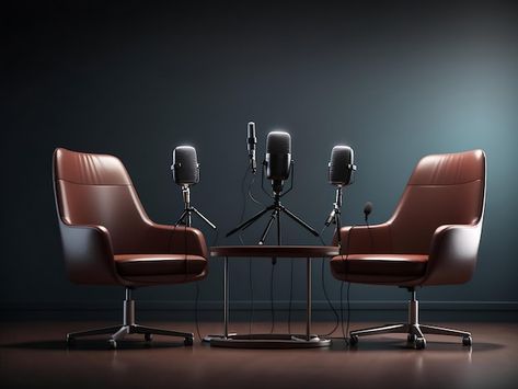 two chairs and microphones in podcast or interview room isolated on dark background Generative Ai Office Group Photo Ideas, Podcast Set Design Ideas, Interview Background, Podcast Background, Podcast Space, Interview Room, Podcast Room, Interview Images, Interview Rooms