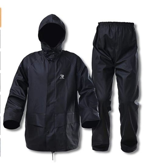 Price:$46.80 - $55.99 Hand Wash Only Stretch knit rain suit waterproof rain jacket and pants are made of 100% Polyester. Durable fabric, MicroWeld seam construction, protect you from intense rainfall, no worry any tests in the rain, even inclement/foul weather. Double entry front pockets. Front zip with snap storm flap. Back cape for ventilation. Stowable hood. No noisy and comfortable fabric for ease of movement. Underarm and back vents help keep you cool. Rain Suits, Cape Designs, Rain Suit, Waterproof Rain Jacket, Rain Gear, Work Jackets, Rain Wear, Coat Pant, Black Media