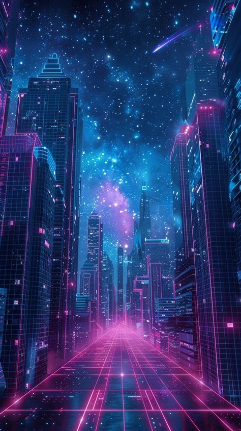 "Futuristic Cityscape Glow: A breathtaking futuristic #urbanlandscape bathed in neon pink and blue lights under a starry #nightsky, evoking a sense of wonder. #neon #cityscape #futuristic #skyscrapers #stars #aiart #aiphoto #stockcake ⬇️ Download and 📝 Prompt 👉 https://stockcake.com/i/futuristic-cityscape-glow_814613_1133041". Futuristic Stage Design, Night City Scape, Digital Dystopia, Pink Futuristic, Neon Cityscape, Neon Futuristic, Night Cityscape, Futuristic Cityscape, Neon City