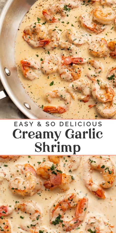 Impress everyone at the dinner table with this utterly divine creamy garlic shrimp recipe! Succulent shrimp, lightly seasoned and cooked to perfection, then swaddled in the most amazing cream sauce made with plenty of garlic and parmesan cheese. It's an incredible (and incredibly easy) one-skillet recipe you'll make again and again! Easy Creamy Shrimp Pasta, Shrimp Scampi With Garlic Parmesan Rice, Shrimp Garlic Recipes, Shrimp Sauce For Pasta, Recipes With Breaded Shrimp, Shrimp With Sauce Recipes, Shrimp Recipes Lunch, Steak With Shrimp Cream Sauce, Shrimp Recipes For One Person