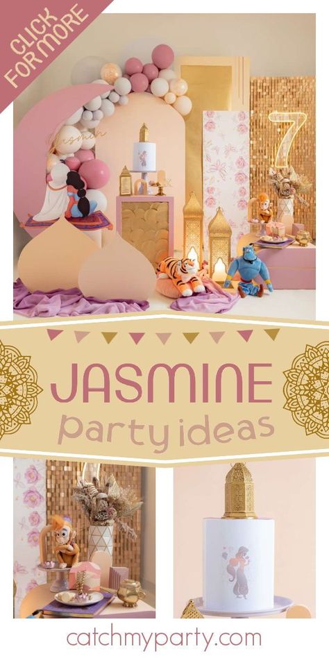 Aladdin And Jasmine Birthday Party Ideas, Arabian Birthday Party Ideas, Aladdin Jasmine Birthday Party, Jasmine Birthday Theme, Jasmine Themed Birthday Party, Aladdin Theme Party, Jasmine Birthday Party Ideas, Jasmin Aladdin, Jasmine Birthday Party