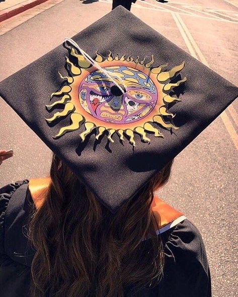 Graduation Cap Designs For Artist, Sun And Moon Graduation Cap, Grad Hats Decorations, South Park Graduation Cap, Hippie Graduation Cap, Graduation Cap Designs Music, Graduations Ideas, 2enior Ye4r, Senior Caps