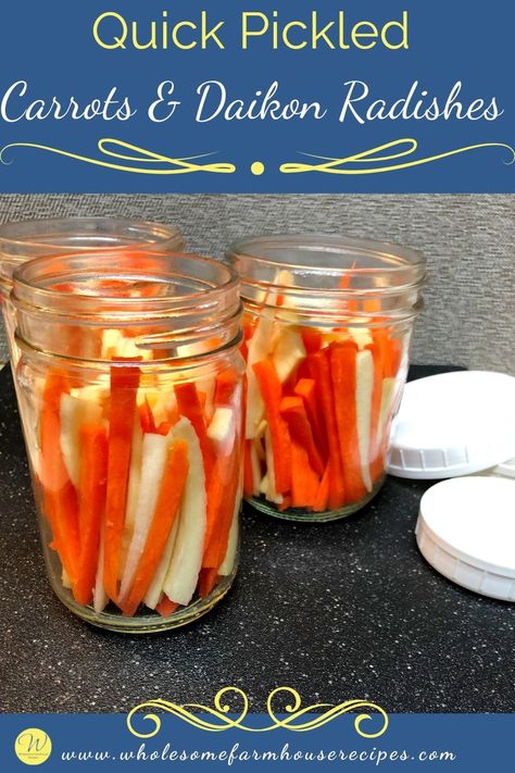 three pint jars of pickled carrot and daikon radish. Pickled Carrots And Radishes, Pickled Diakon Radish And Carrots, Best Pickled Beets Recipe, Mini Tacos Recipe, Taco Cup, Pickled Carrots And Daikon, Quick Pickled Carrots, Beats Recipe, Canned Pickled Beets