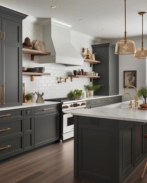 Iron Ore Kitchen Cabinet, Black Kitchen Cabinet Color Ideas, Grey Black Kitchen Cabinets, Best Black Kitchen Cabinet Color, Dark Kitchen Island Ideas, Kitchen Charcoal Cabinets, Dark Kitchen Island Colors, Charcoal And Cream Kitchen, Different Cabinet Styles Kitchen