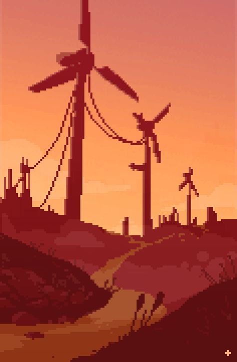 A fresh breeze at dawn. 8 Bit Animation, Nature Pixel Art, Road Animation, Pixel Art Nature, Fall Pixel Art, Windmill Netherlands, Space Pixel Art, Animated Pixel Art, Netherlands Nature