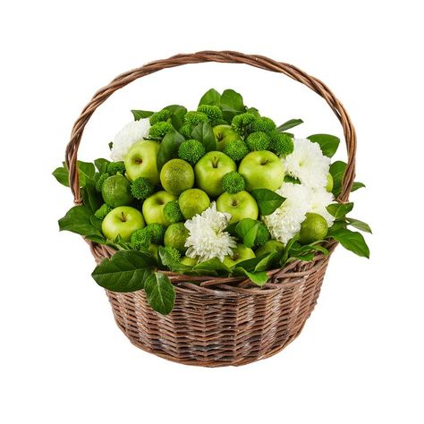 A colorful and fresh fruit basket will carry the Recipient to a green paradise island at any time of the year. Fruit Basket Delivery, Basket With Fruits, Basket Of Fruits, Fruits And Flowers, White Chrysanthemum, A Gift Basket, Flowers Delivery, Food Basket, Green Fruit