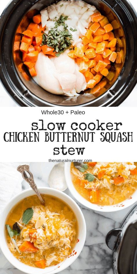 Loaded with protein and amazing veggies, Slow Cooker Chicken & Butternut Squash Stew is easy to throw together, hearty, full of flavor and is the perfect meal to make on a busy day. #Whole30soup #Paleosoup #whole30slowcooker #glutenfree #dairyfree #healthyslowcookerrecipe #veggieloadesoup Paleo Running Momma Soup, Fancy Paleo Dinner Recipes, Whole 30 Recipes Slow Cooker, Slow Cooker Whole 30, Chicken Butternut Squash Stew, Slow Cooker Paleo Recipes, Crockpot Whole 30, Dairy Free Slow Cooker Recipes, Paleo Slow Cooker Chicken