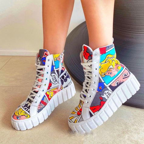 How stunning are these high sneakers ? #shoesaddict #colorful #outfitideas #girlstyle #trending #cartoon #mangaart #colorful #sneakers #sneakersaddict #shoes Customise Shoes, Funky Sneakers, Customised Shoes, Shoe Art Designs, Decorative Shoes, Artsy Shoes, Shoe Painting, Pop Shoes, Painted Canvas Shoes