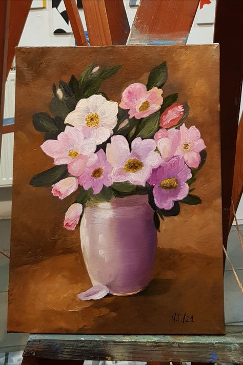 oil on canvas painting rose flowers in a vase Flower Pot Canvas Painting, Flower Pot Painting On Canvas, Rose In Vase Drawing, Flower Pot Drawing Painting, Flower Pot Acrylic Painting, Vase Painting Ideas Canvas, Vase With Flowers Painting, Rose Flowers Drawing, Decoration Craft Ideas