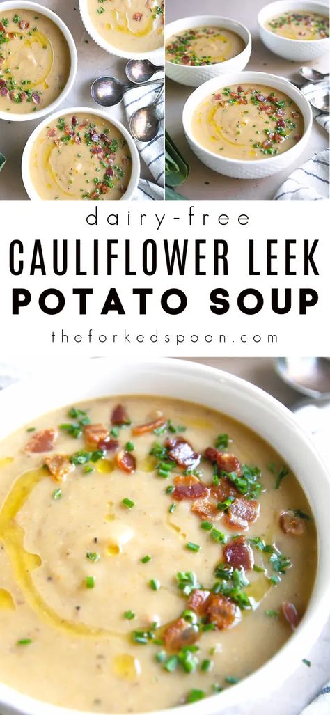 Cauliflower Leek and Potato Soup (Dairy-Free). Leek and Potato Soup, made with healthy vegetables and creamy potatoes, is rich and comforting without the need for heavy creams or butter. Perfect for lunch, dinner, or served as an easy holiday starter, you'll love this healthy, dairy-free cauliflower leek and potato soup recipe. #ad #dairyfree #walnutmilk #potatoleeksoup Coliflower Soup, Cauliflower Potato Soup, Soup For Lunch, Leek And Potato Soup, Easy Holiday Side Dishes, Leek And Potato, Creamy Potatoes, Holiday Side Dish, Comforting Soup