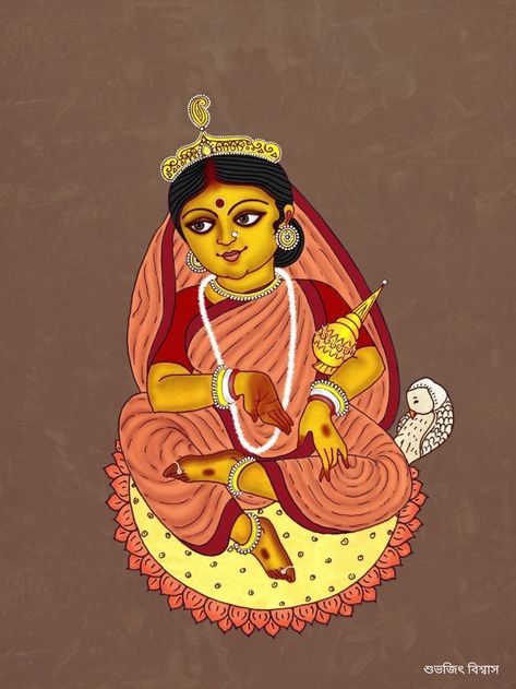 Goddess Laxmi Paintings, Kalighat Paintings Jamini Roy, Maa Laxmi Drawing, Durga Maa Illustration, Maa Laxmi Painting, Lakshmi Puja, Laxmi Puja, God Drawing, Maa Laxmi