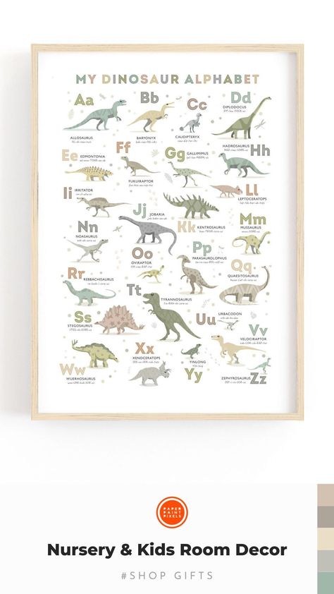 Educational Wall Art from Paperpaintpixels.com Shop Nursery Art Prints : > Alphabet Art Print, Dinosaur Alphabet, Free Wall Art, Earth Tone Color, Dinosaur Nursery, Initial Prints, Dinosaur Gifts, Art Carte, Dinosaur Theme